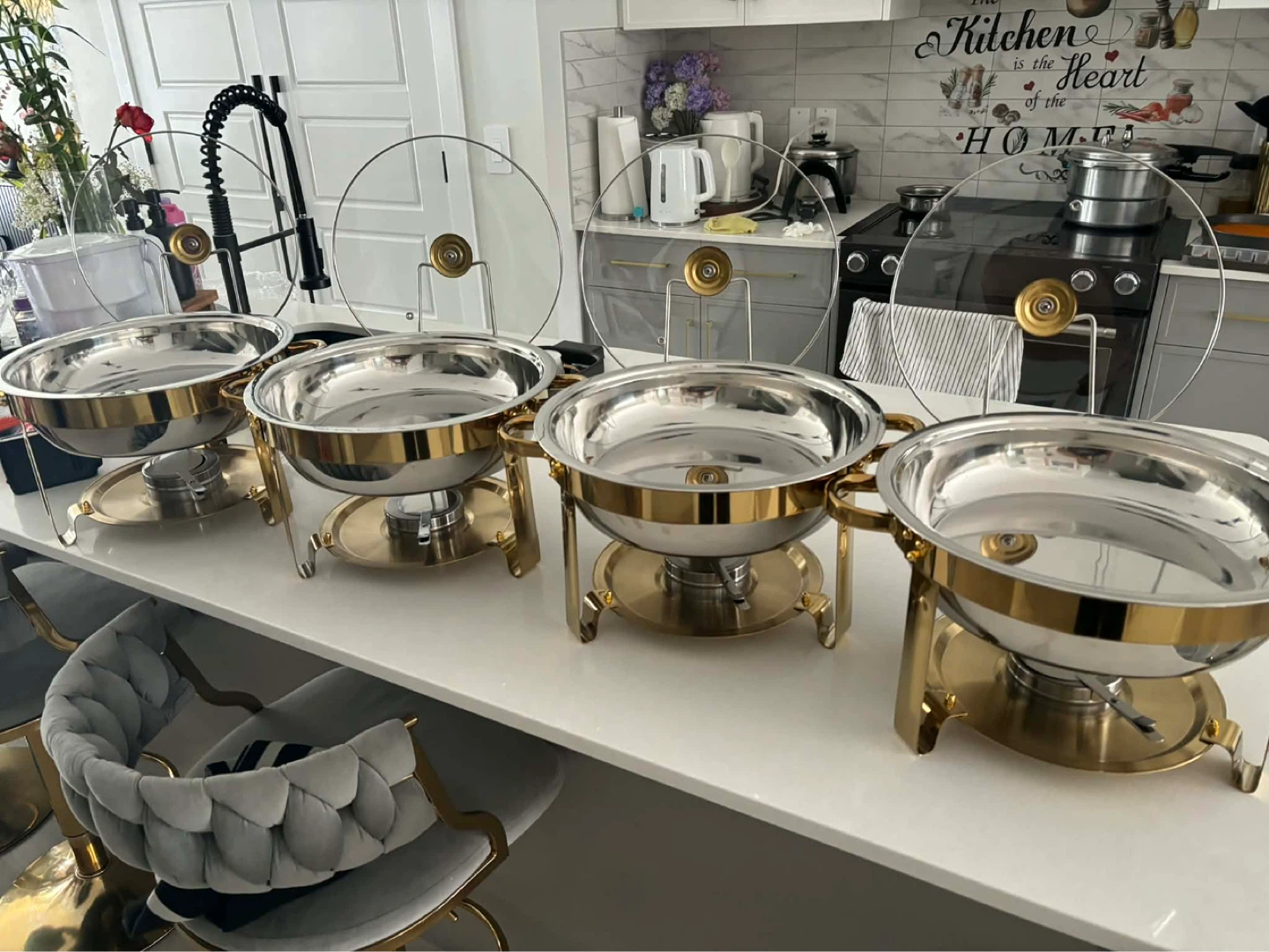 Set of 4 Stainless Steel Chafing Dishes with Gold Trim