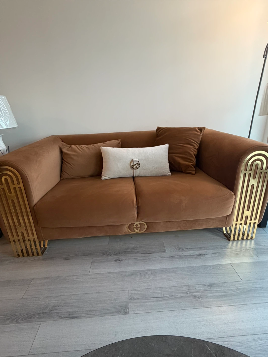 Brown Velvet Sofa with Gold Accents