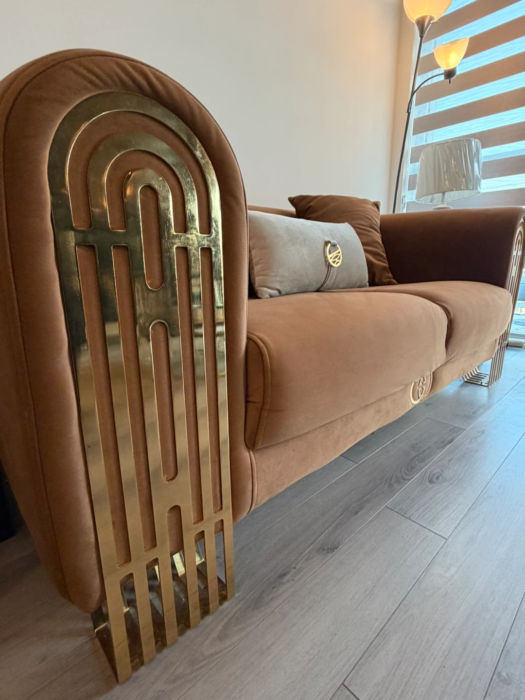 Brown Velvet Sofa with Gold Accents - photo 2