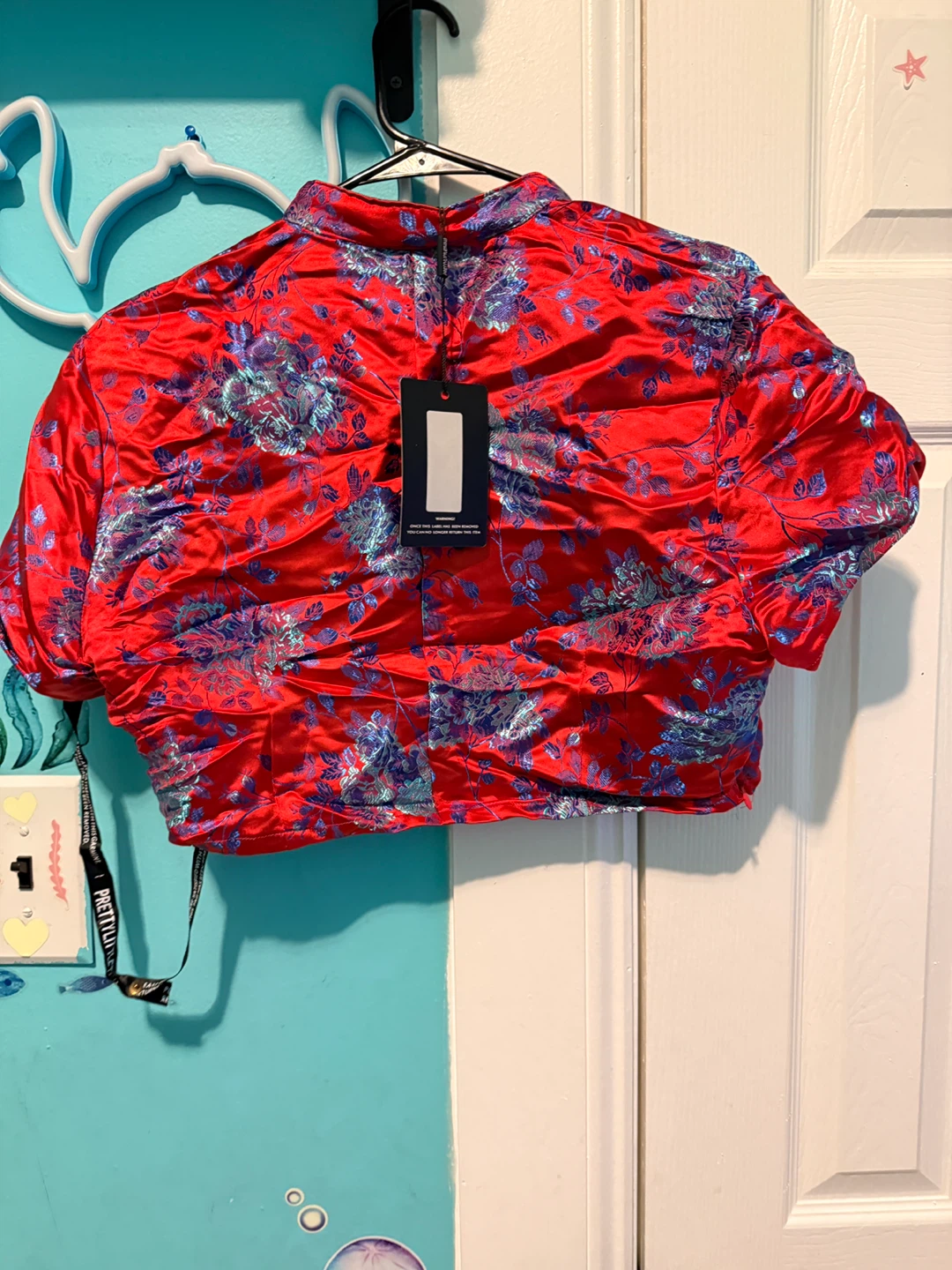 Red Floral Brocade Kimono Style Crop Top & Mini Skirt Set - photo 3