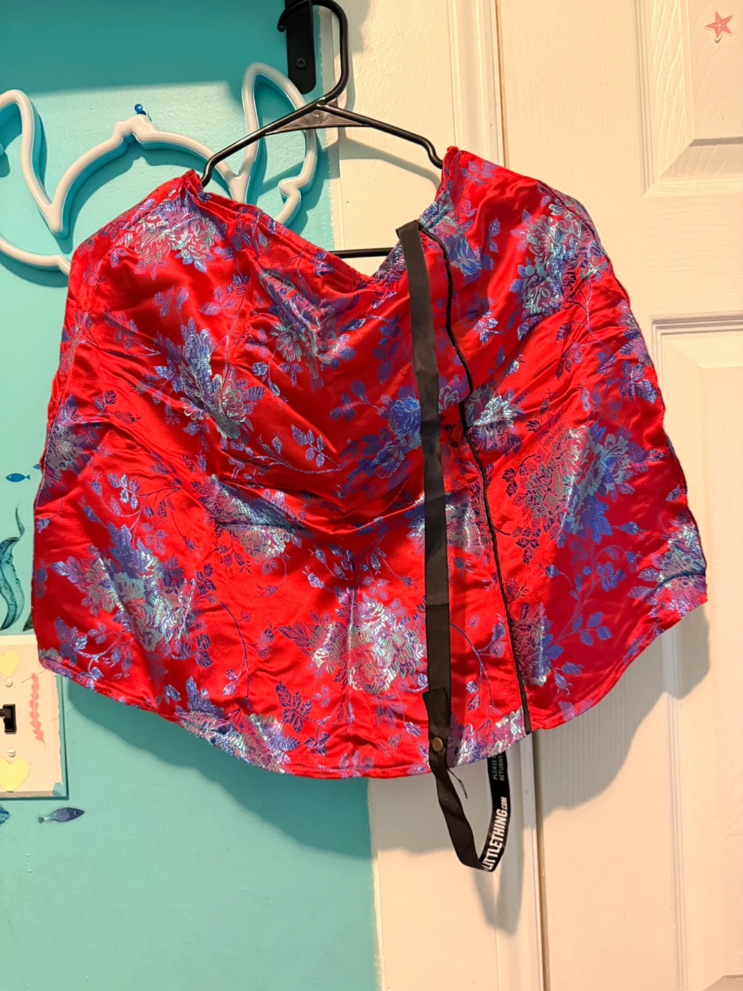 Red Floral Brocade Kimono Style Crop Top & Mini Skirt Set - photo 2