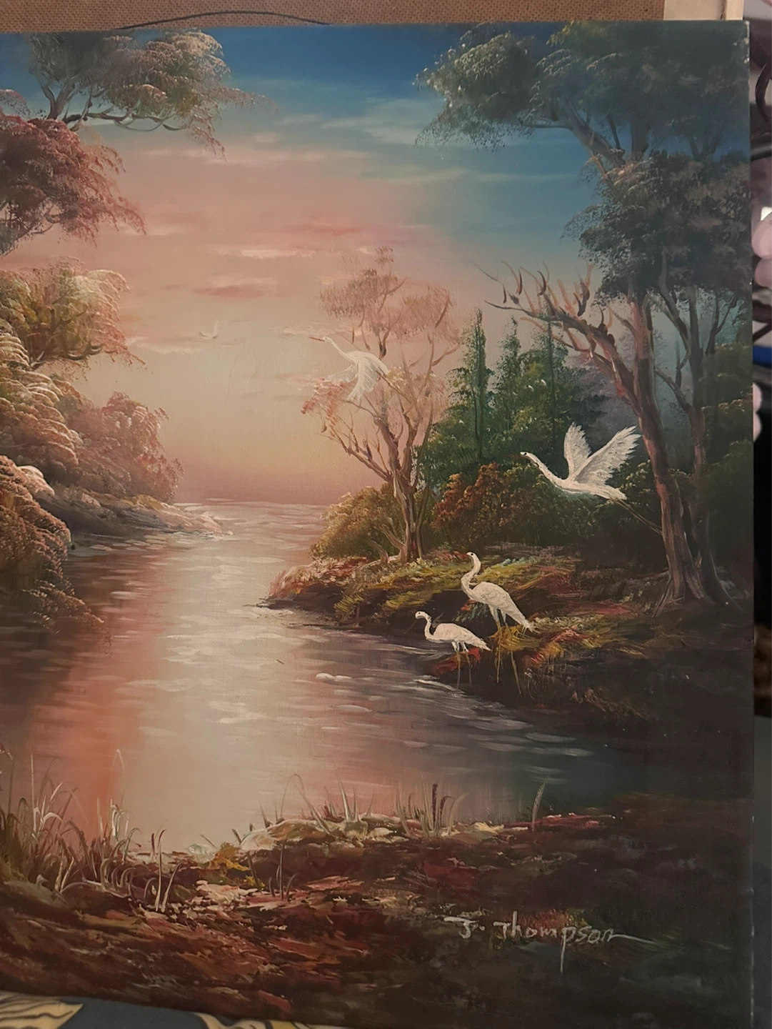 J. Thompson Oil On Canvas Painting Mid-century Beautiful Swans - photo 4