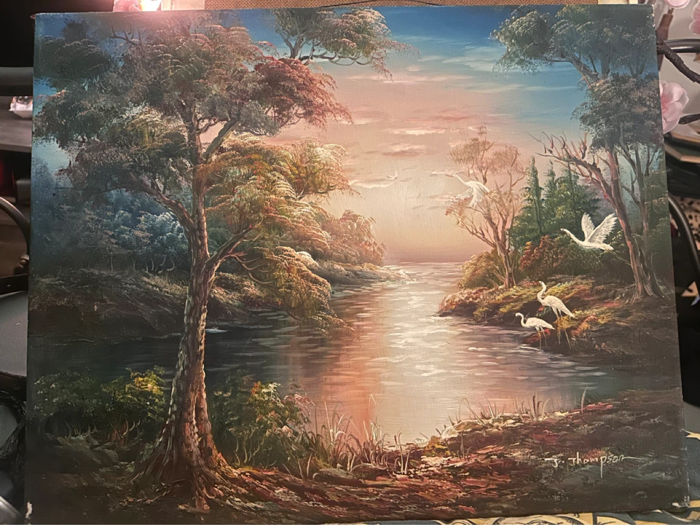 J. Thompson Oil On Canvas Painting Mid-century Beautiful Swans