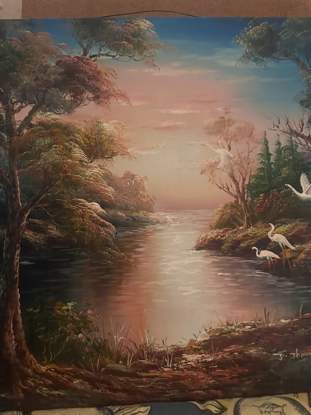 J. Thompson Oil On Canvas Painting Mid-century Beautiful Swans - photo 3