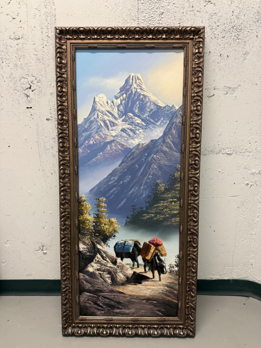 Framed Mountain Landscape Oil Painting
