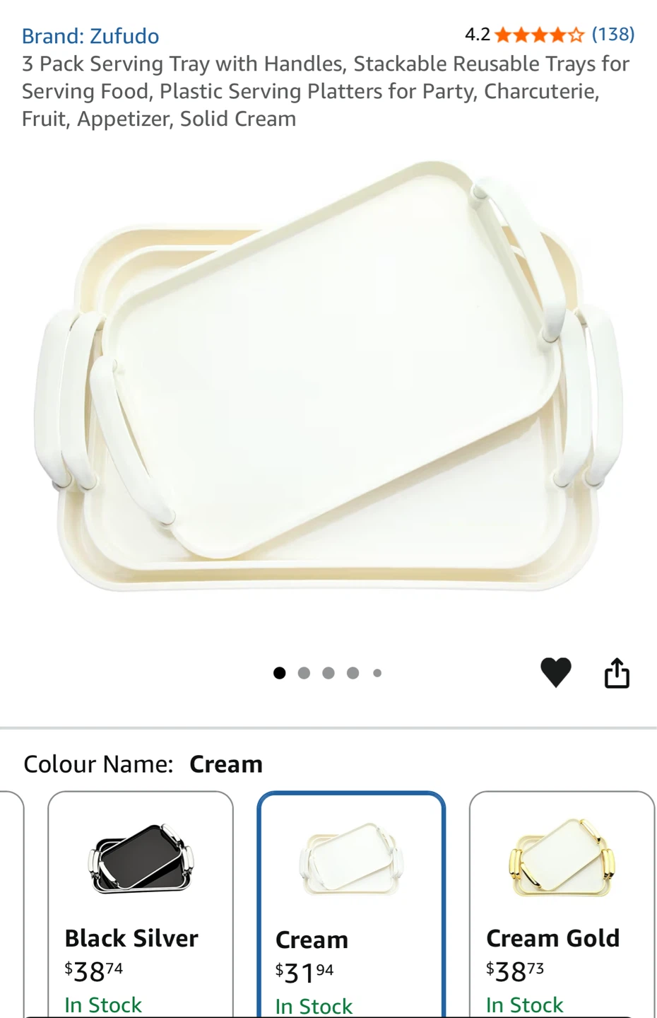 Zufudo 3 Pack Serving Trays with Handles - Cream