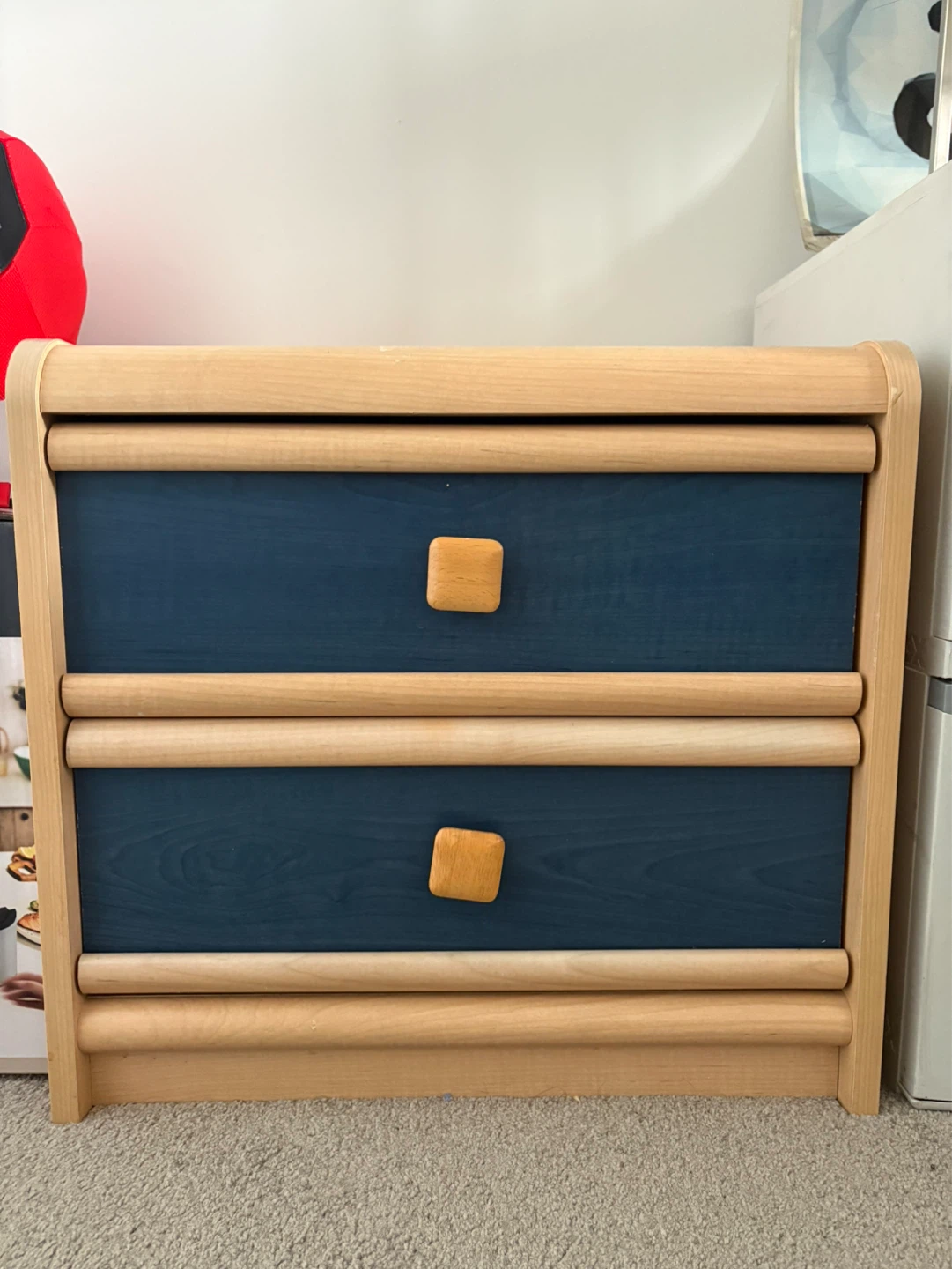 Two-drawer nightstand with wooden accents
