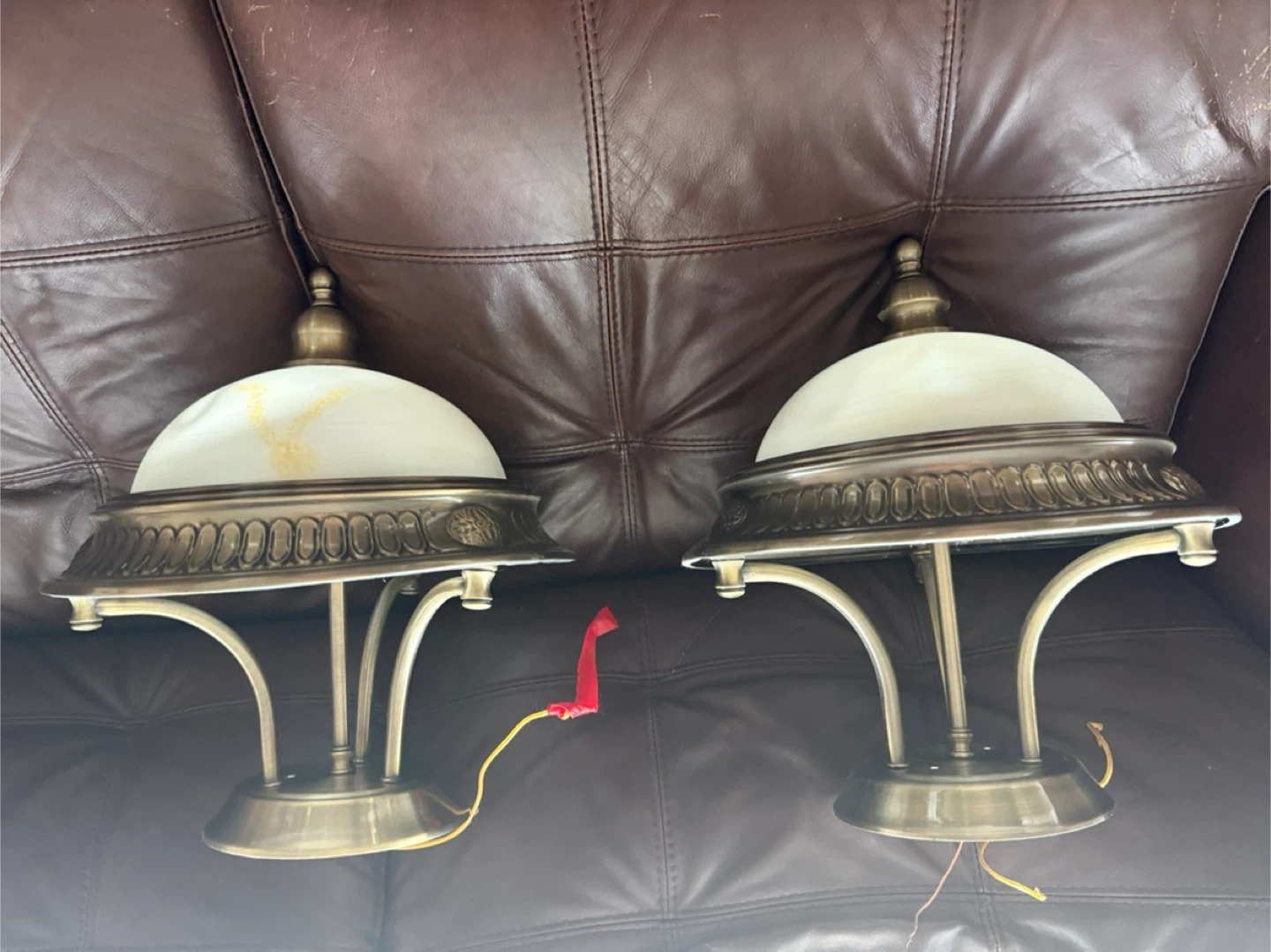Pair of Brass and Frosted Glass Ceiling Lights