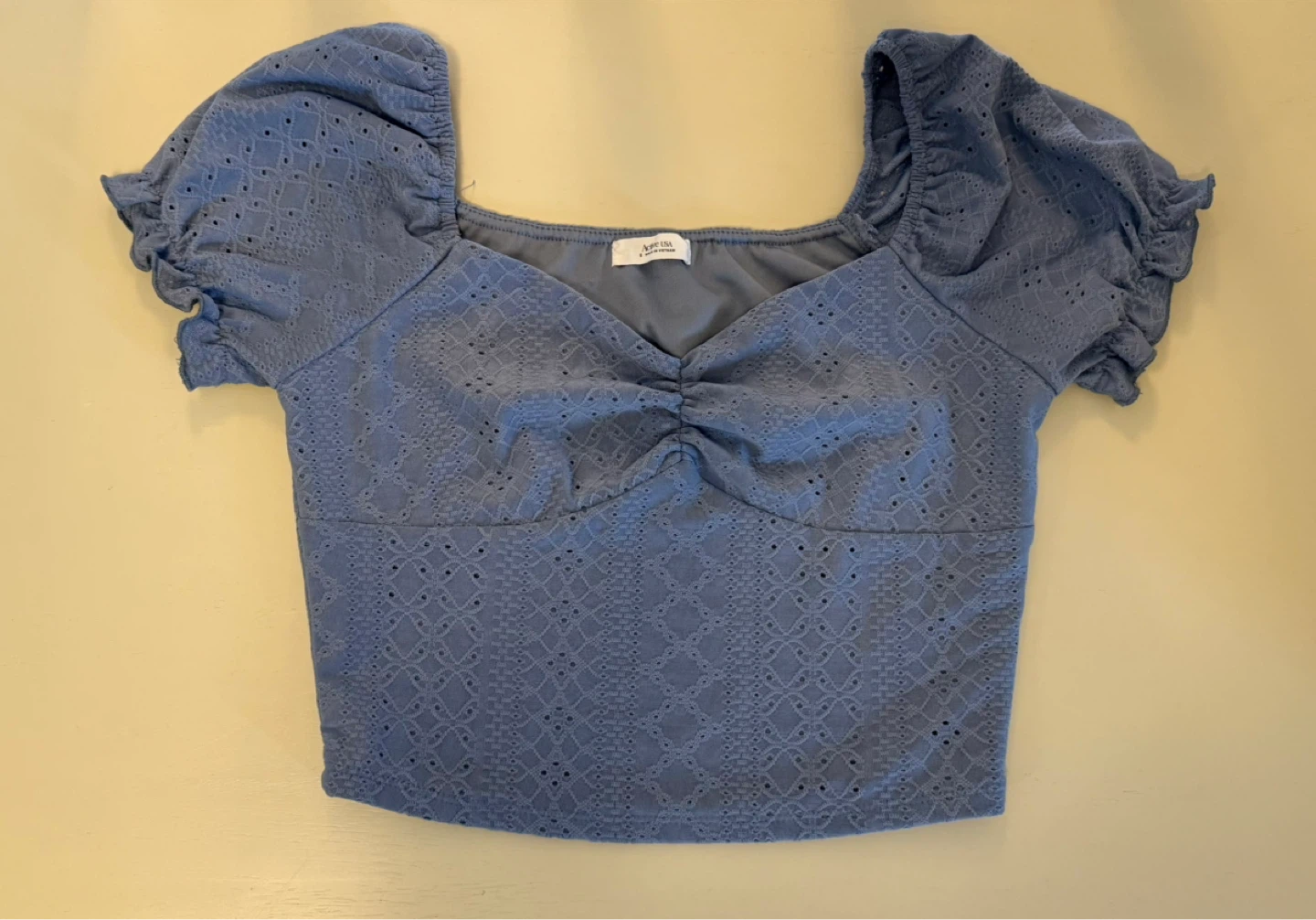 Blue Eyelet Puff Sleeve Crop Top