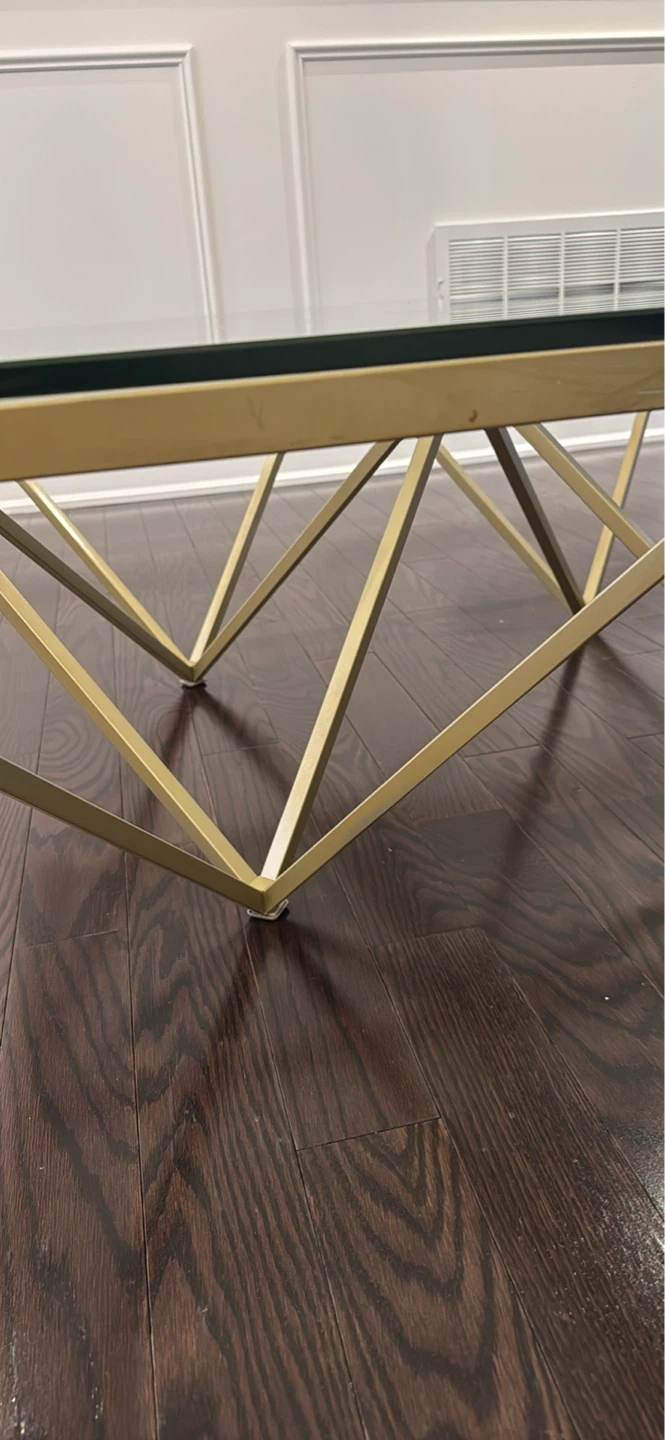 Glass Top Coffee Table with Gold Geometric Base