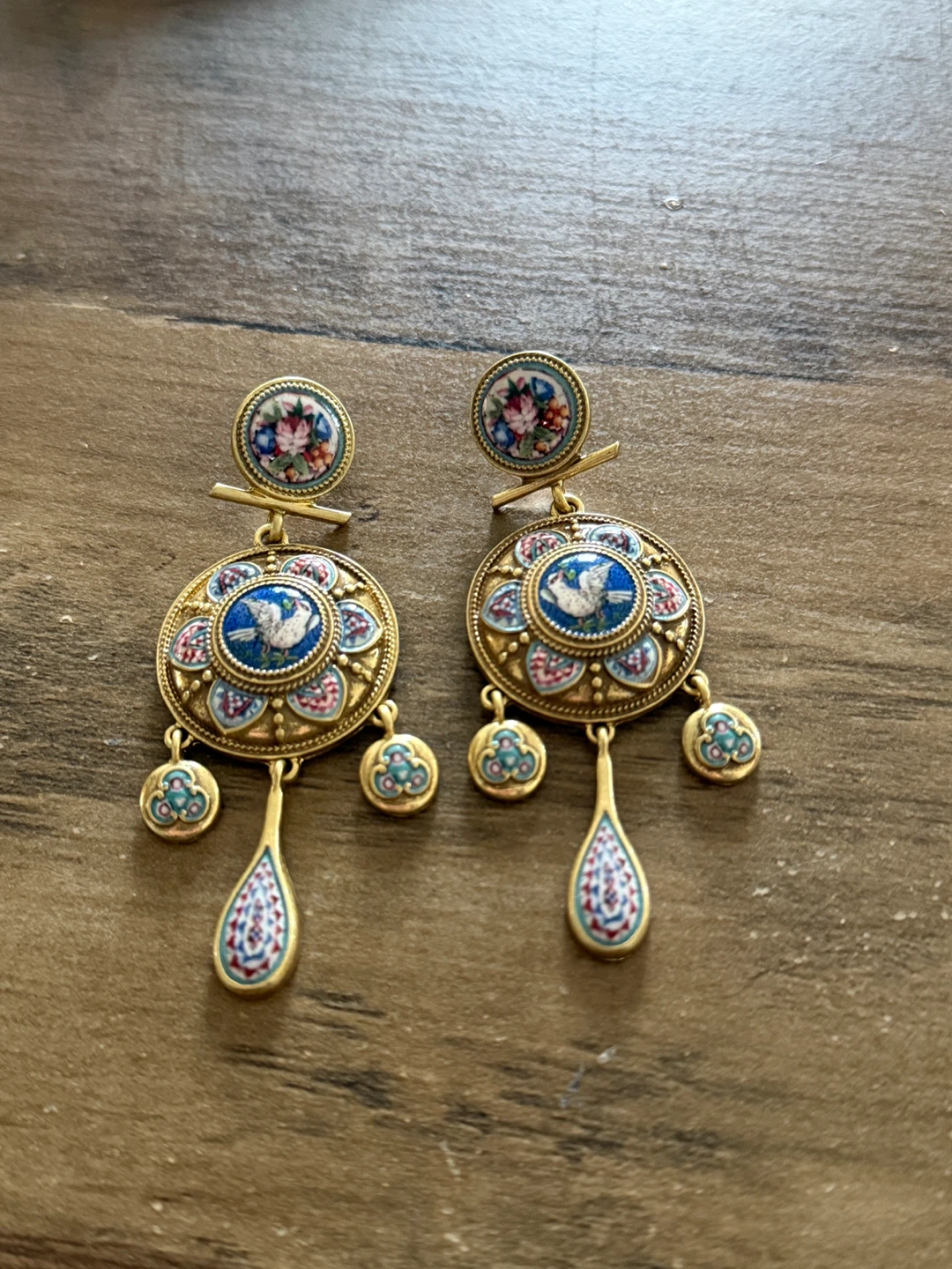 Vintage Enamel Bird and Floral Dangle Earrings