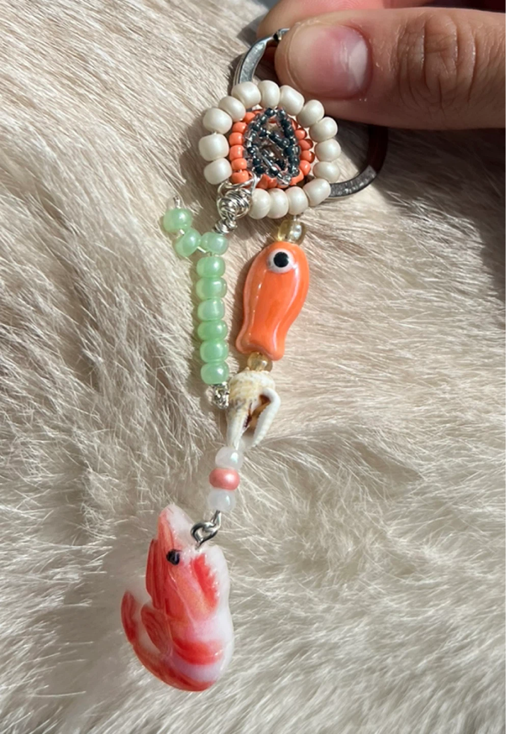 Handmade Beaded Keychain with Shrimp Charm