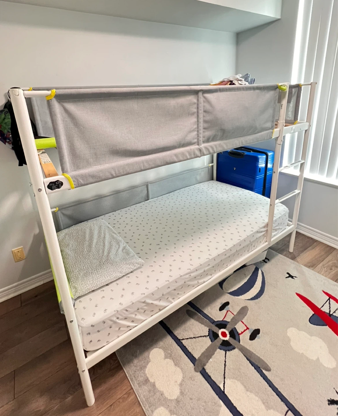 White Metal Bunk Bed with Grey Guard Rails