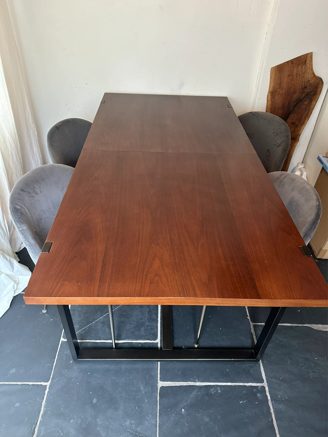 Extendable Dining Table - Dark Wood with Black Metal Base