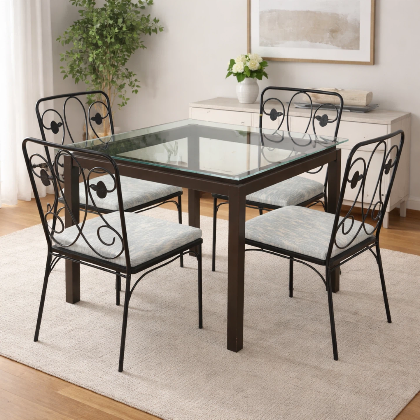 Set of 4 Black Metal Dining Chairs with Patterned Cushions