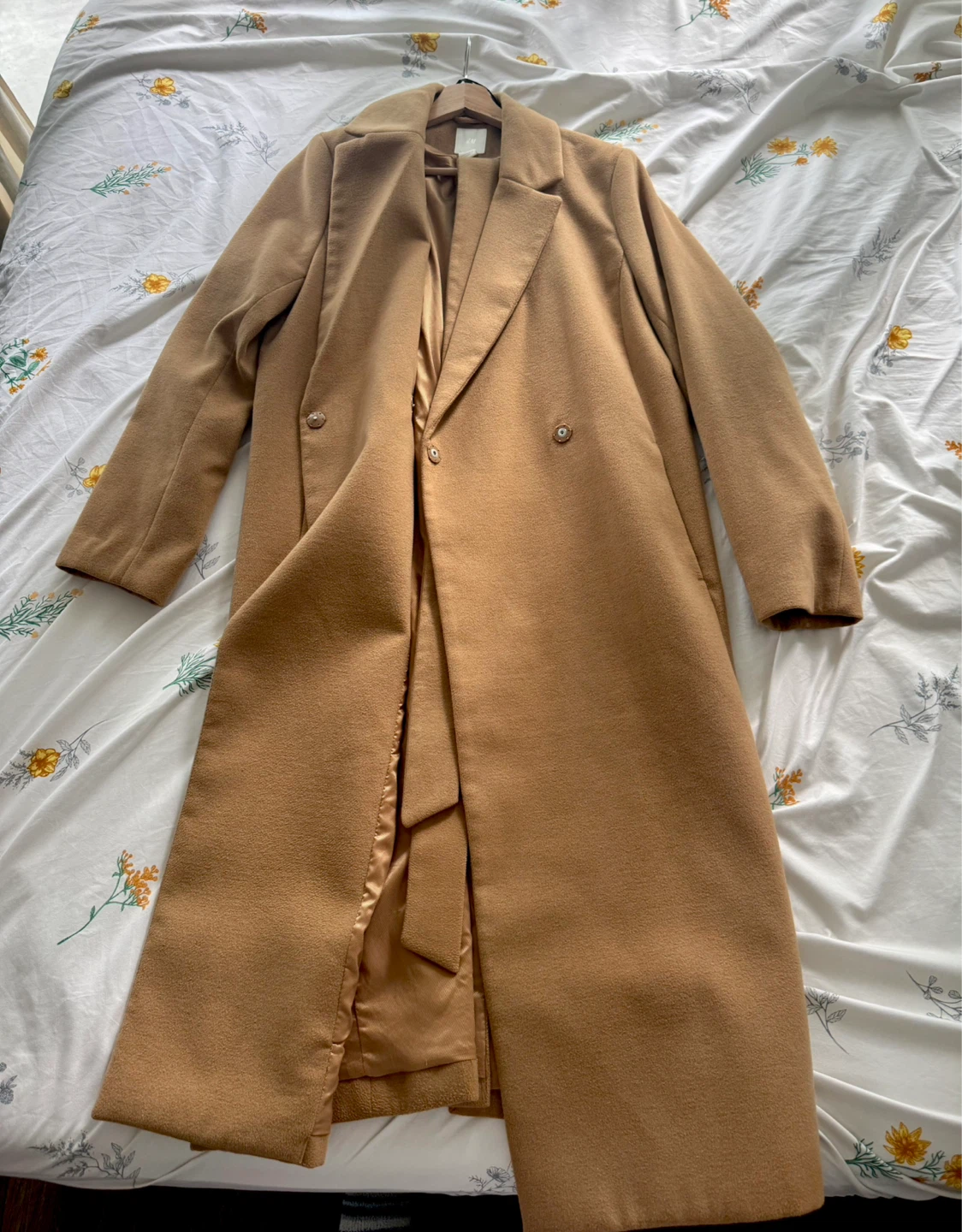 H&M Camel Coloured Wool Blend Long Coat - Size M