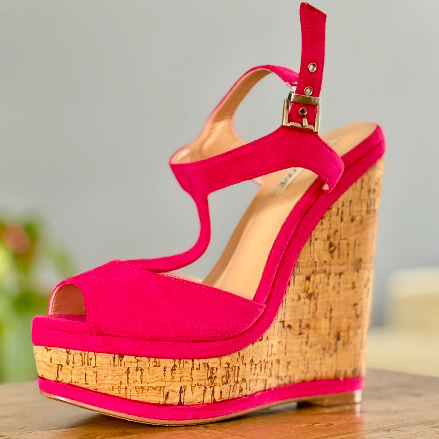 Hot Pink Wedge Platform Sandals with Cork Detail