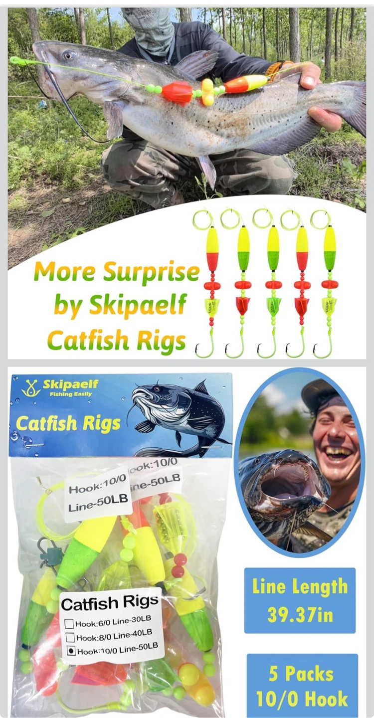 Skipaelf 5 Pack Catfish Rigs 10/0 Hook 50LB Line Fishing Tackles - photo 3