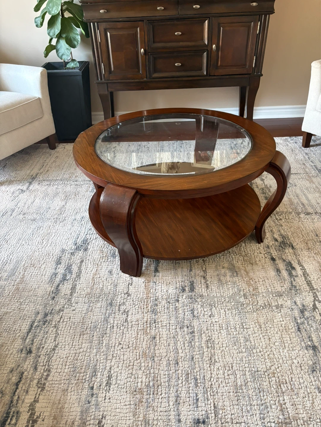 Round Wooden Coffee Table with Glass Top