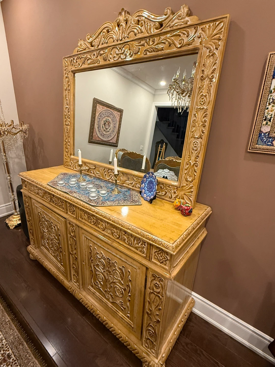 Ornate Wood Carved Buffet with Mirror