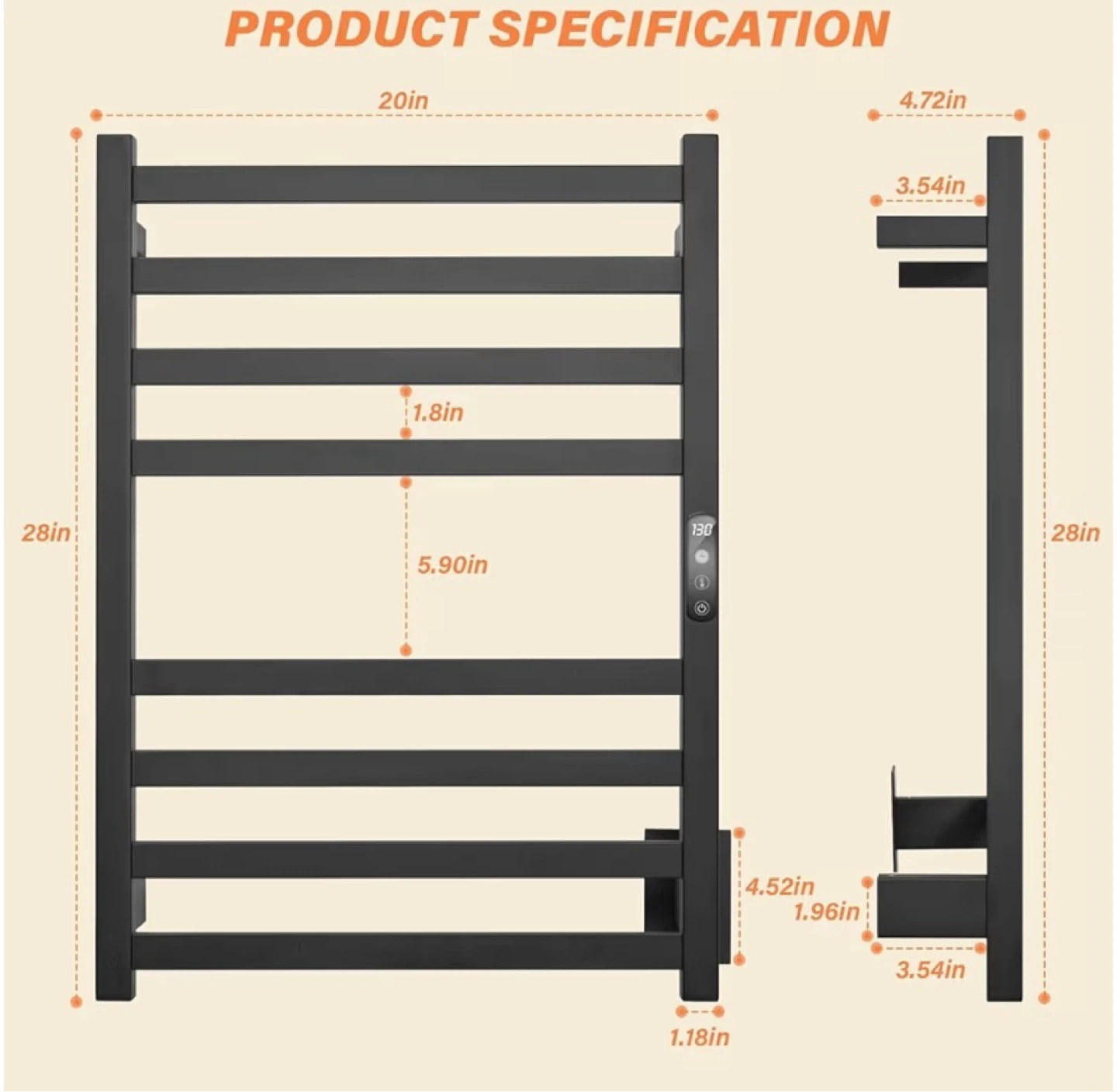 Matte Black Stainless Steel 7-Bar Heated Towel Rack - photo 2