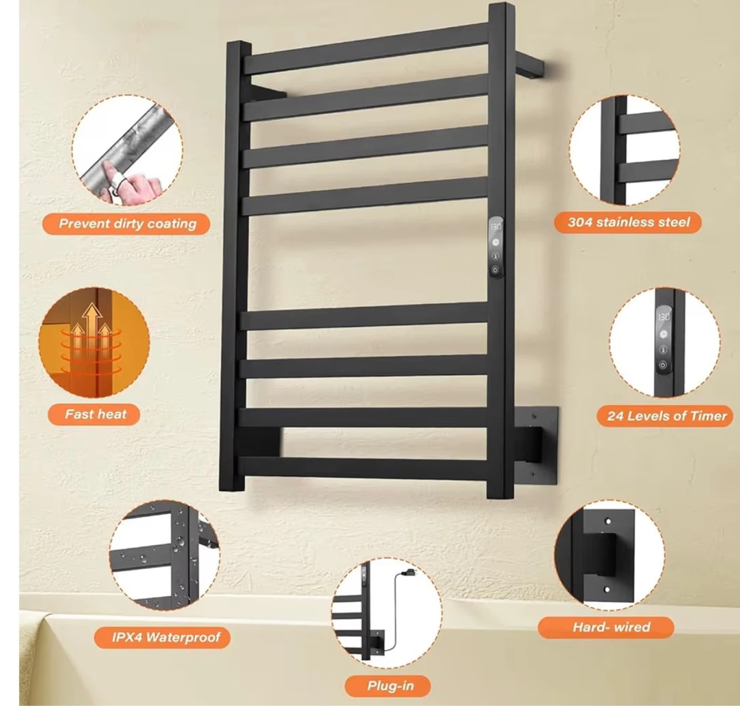Matte Black Stainless Steel 7-Bar Heated Towel Rack - photo 3