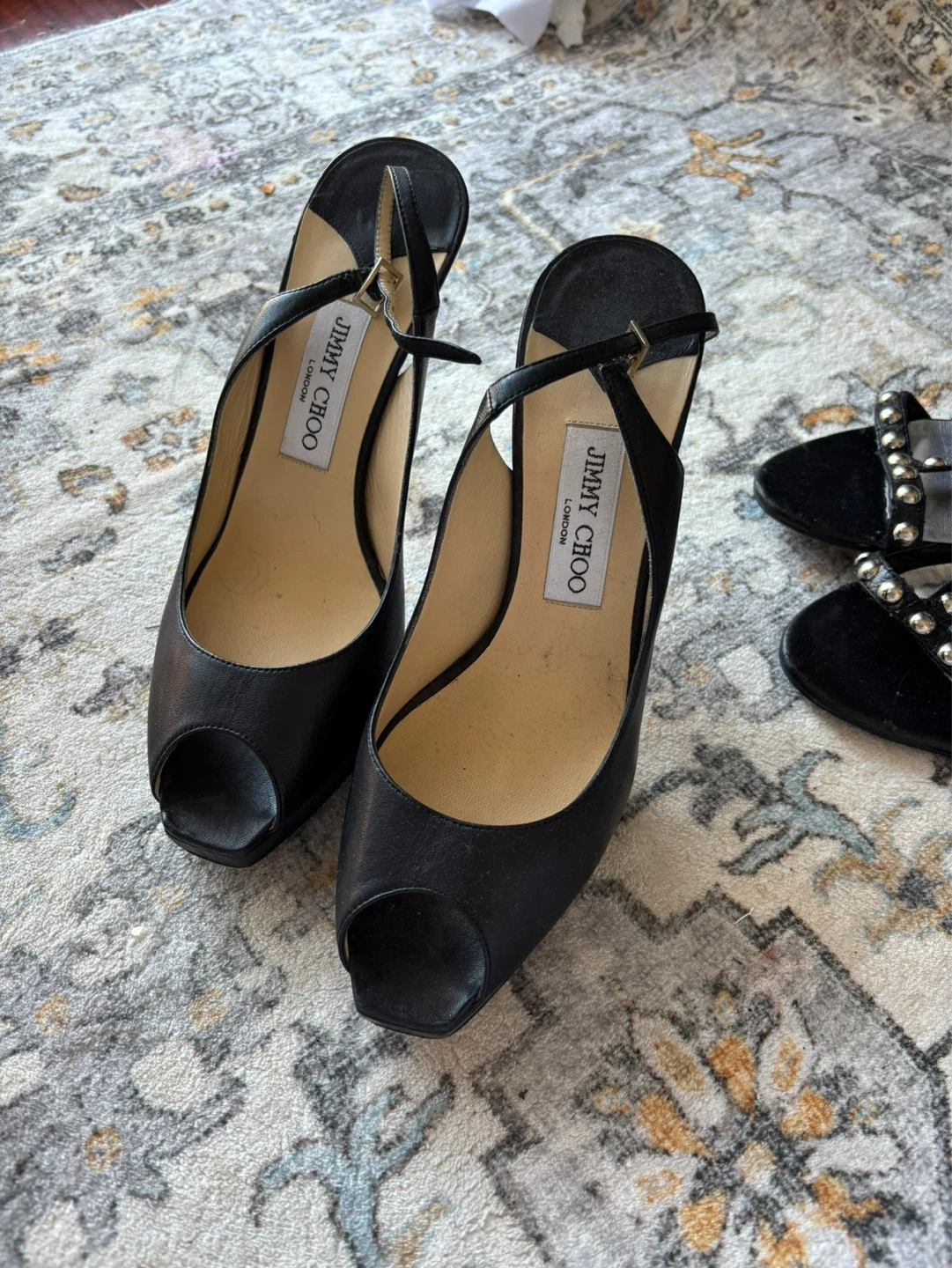 Jimmy Choo Black Leather Peep Toe Slingbacks