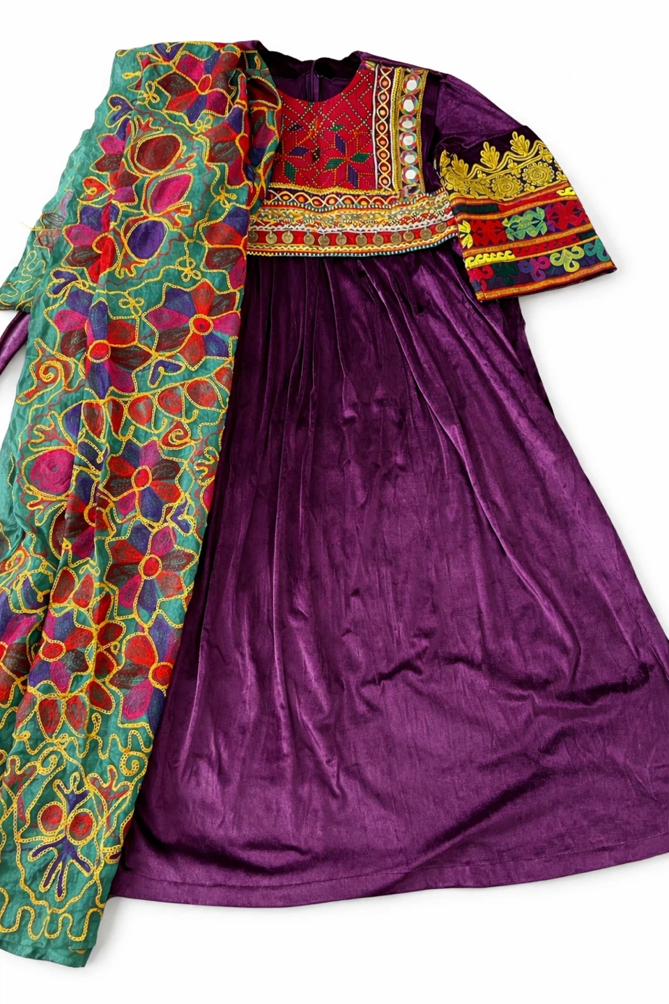Purple Velvet Afghan Dress with Embroidered Scarf