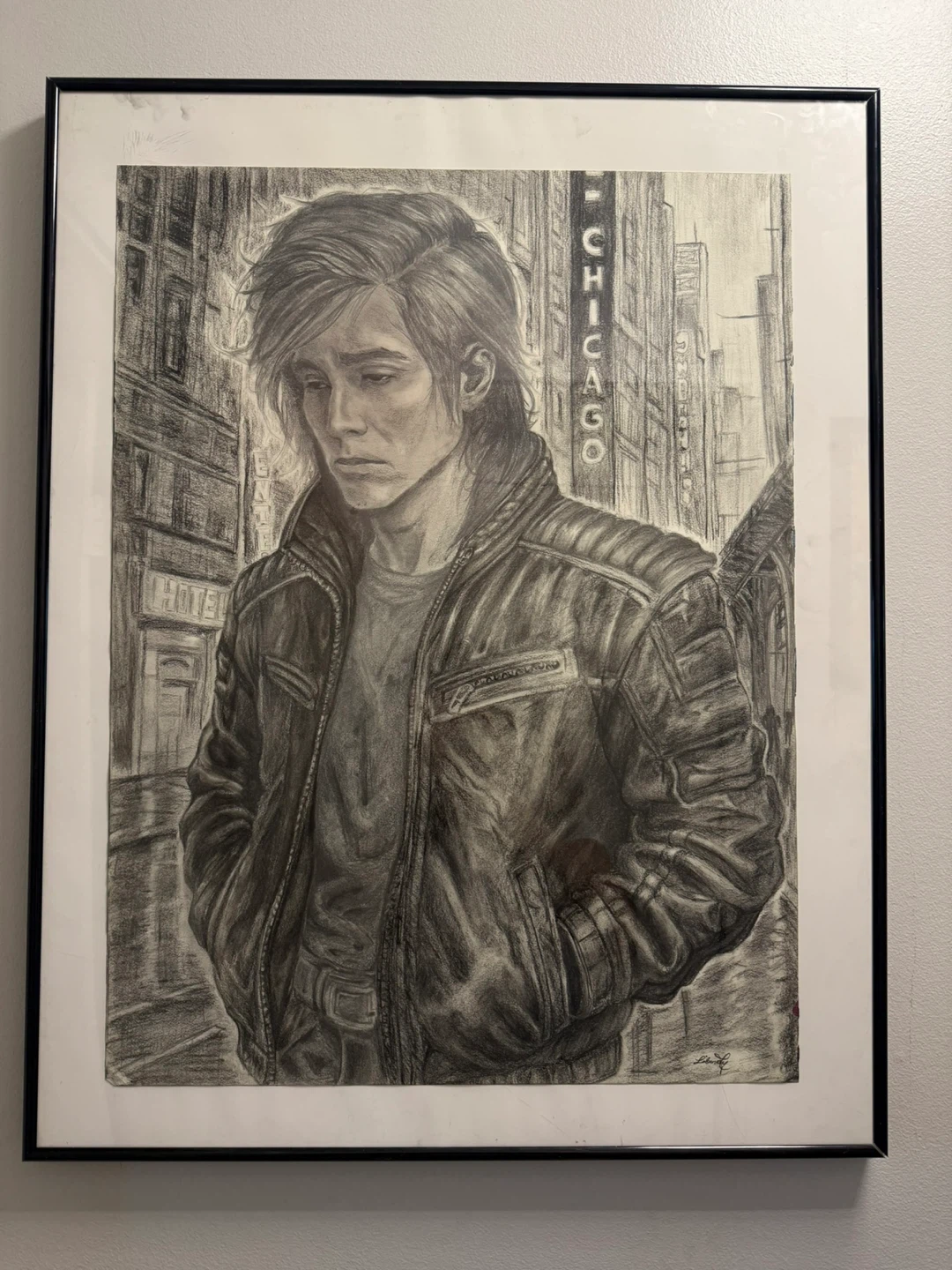 LARGE 28x22 1/4 Charcoal Sketch and Framed