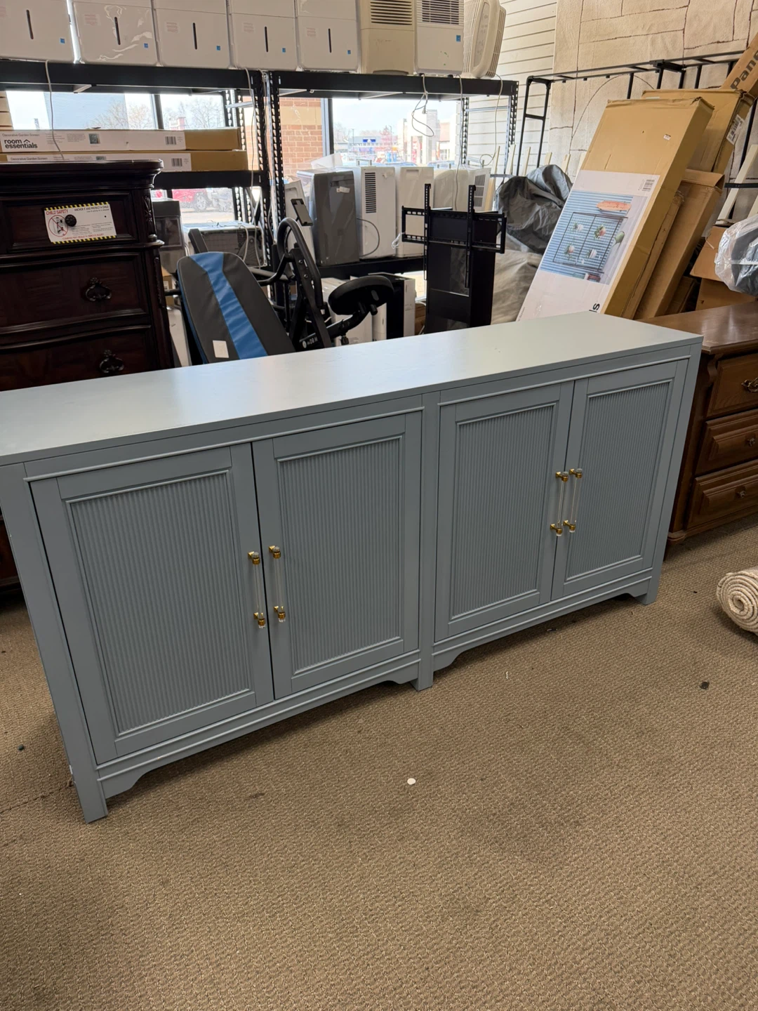 Light Blue 4-Door Cabinet with Clear and Gold Handles
