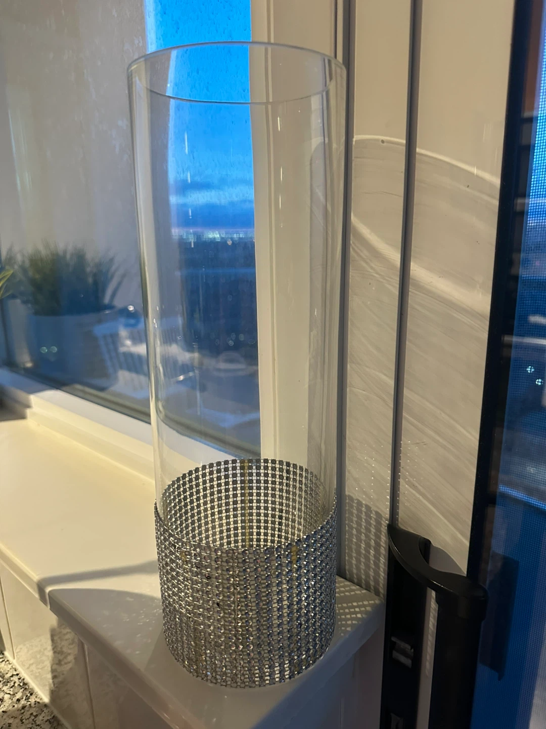 Glass cylinder vase with rhinestone band