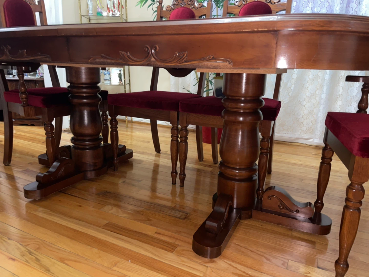 Vintage antique Oak red velvet dining set display cabinet hutch - photo 3
