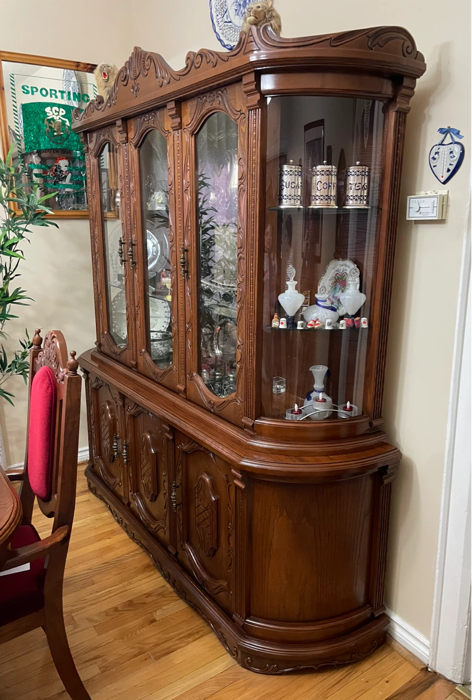 Vintage antique Oak red velvet dining set display cabinet hutch - photo 4