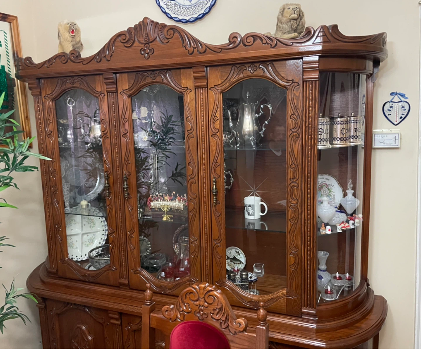 Vintage antique Oak red velvet dining set display cabinet hutch - photo 5