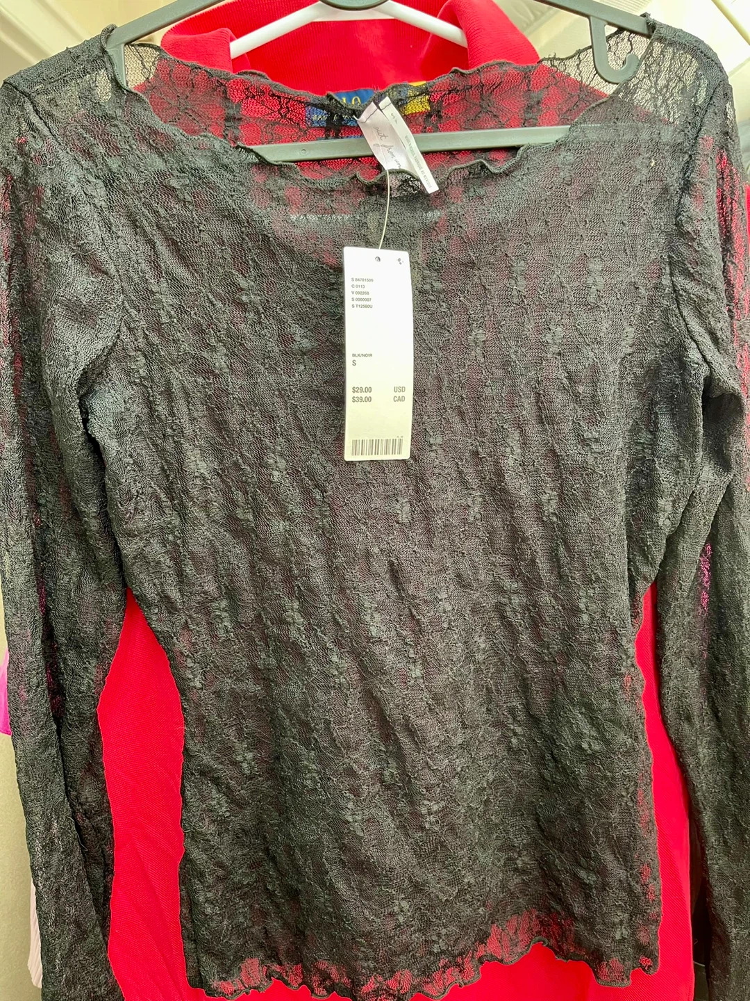 Black Lace Long Sleeve Top - Size S