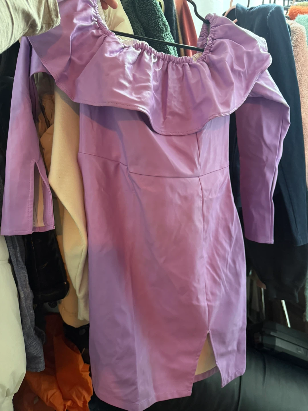 Purple Faux Leather Off-the-Shoulder Dress with Ruffle Neckline - photo 2