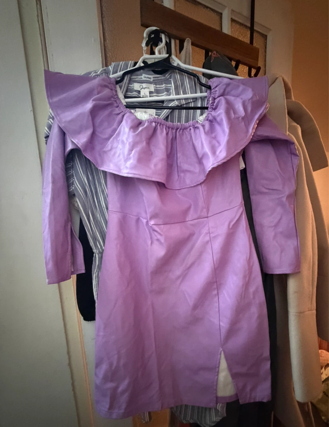 Purple Faux Leather Off-the-Shoulder Dress with Ruffle Neckline