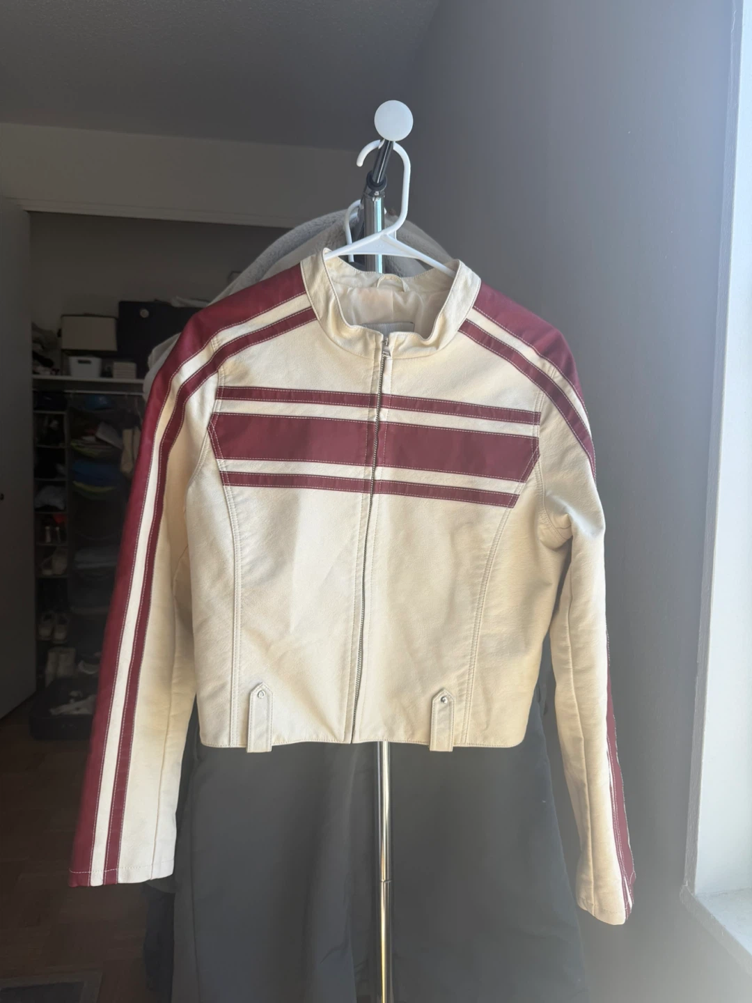 Urban Outfitters Cream & Burgundy Striped Cropper Leather Jacket