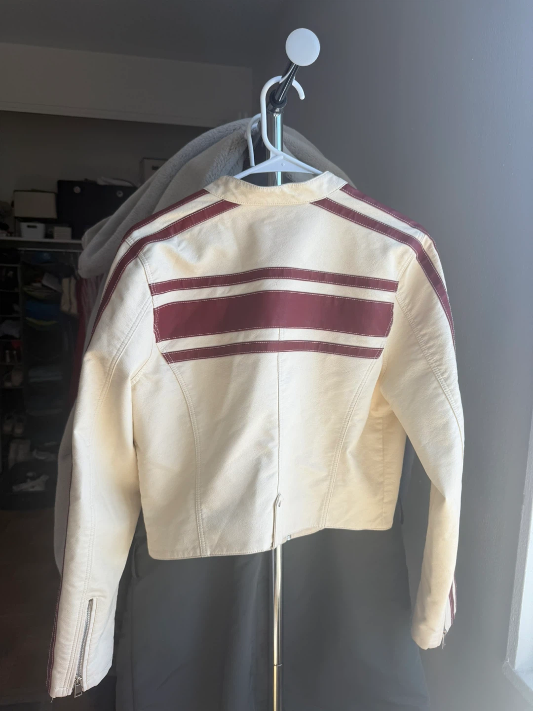 Urban Outfitters Cream & Burgundy Striped Cropper Leather Jacket - photo 2