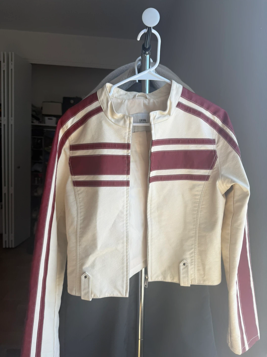 Urban Outfitters Cream & Burgundy Striped Cropper Leather Jacket - photo 4