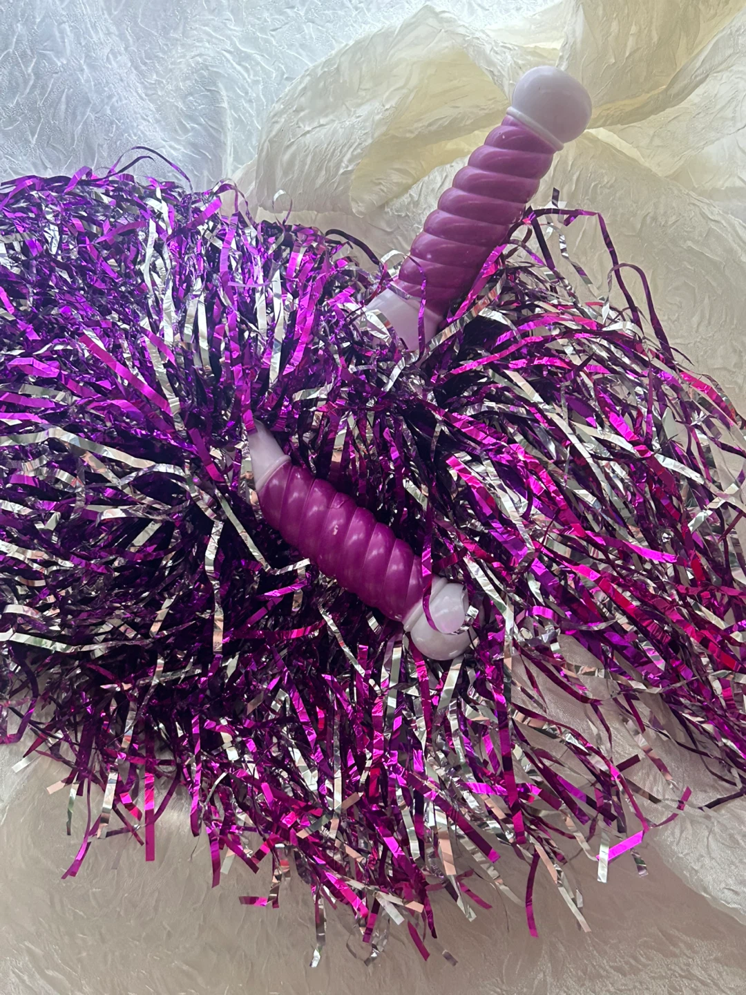 Purple and Silver Pom Poms with Handles