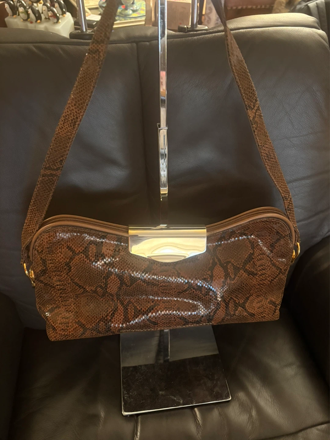Due Fratelli Brown Snake Print Genuine Leather Shoulder Bag