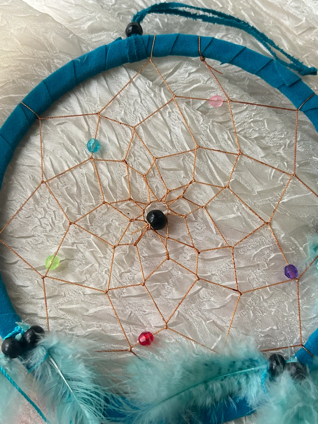 Large Teal Dreamcatcher with Feathers and Beads - photo 2