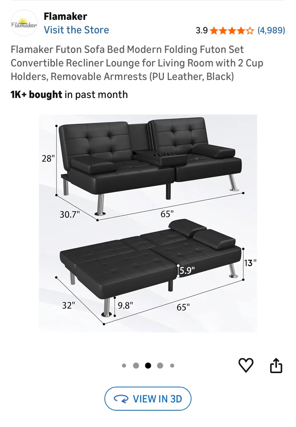 [Moving Sale] Flamaker Futon Sofa Bed (Black Leather)
