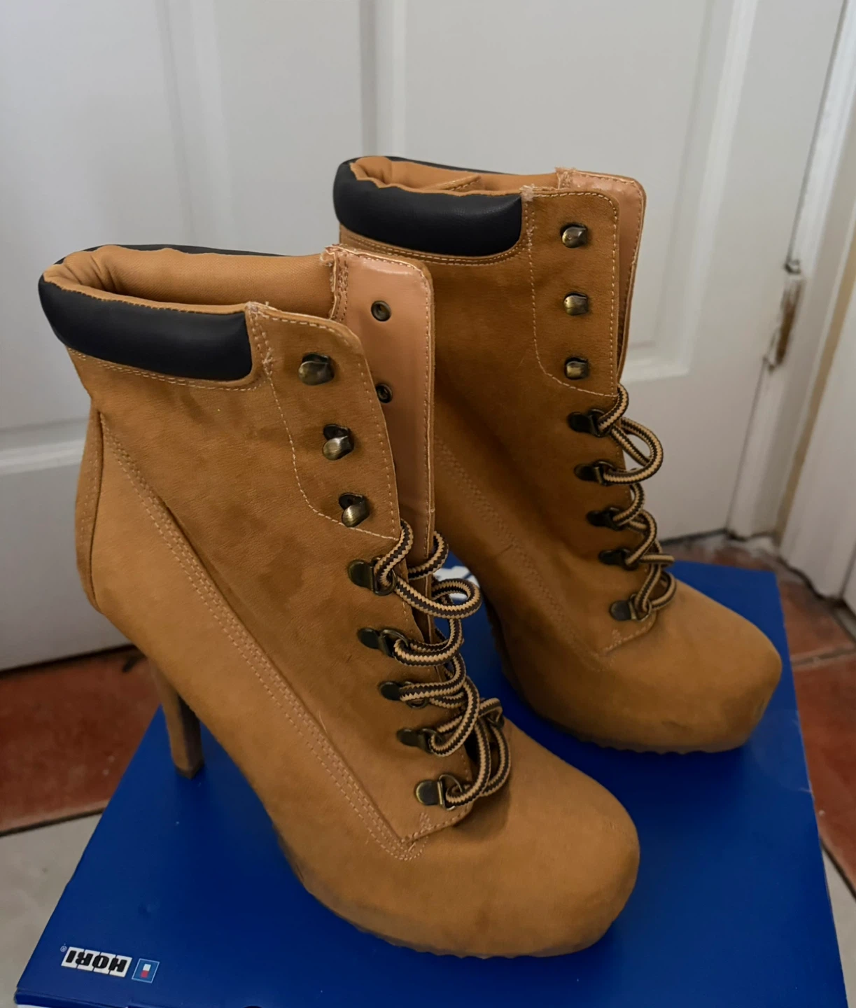Charlotte Russe Tan Suede Lace-Up High Heel Boots Size 10
