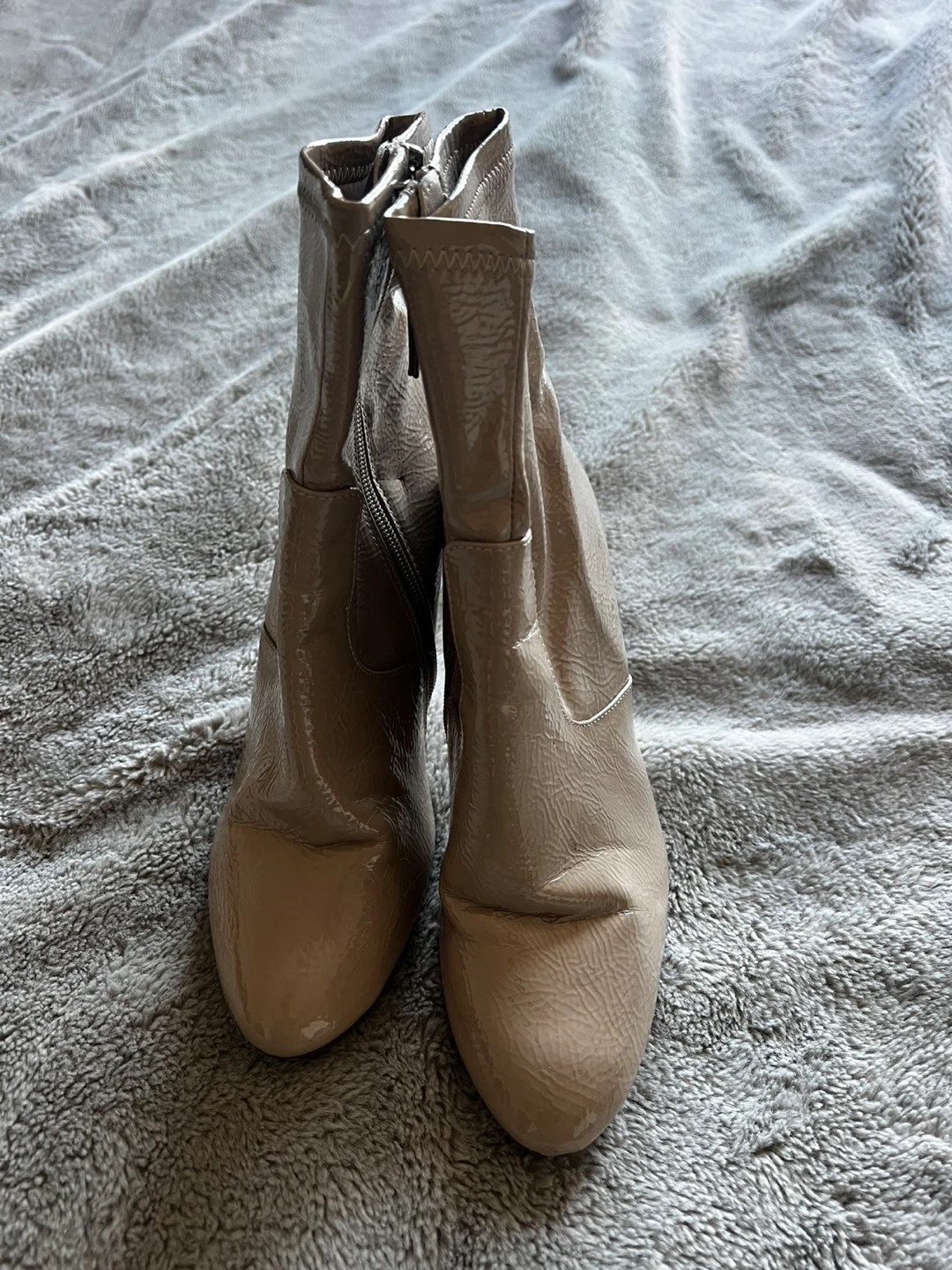 Beige Patent Ankle Boots with Clear Block Heels