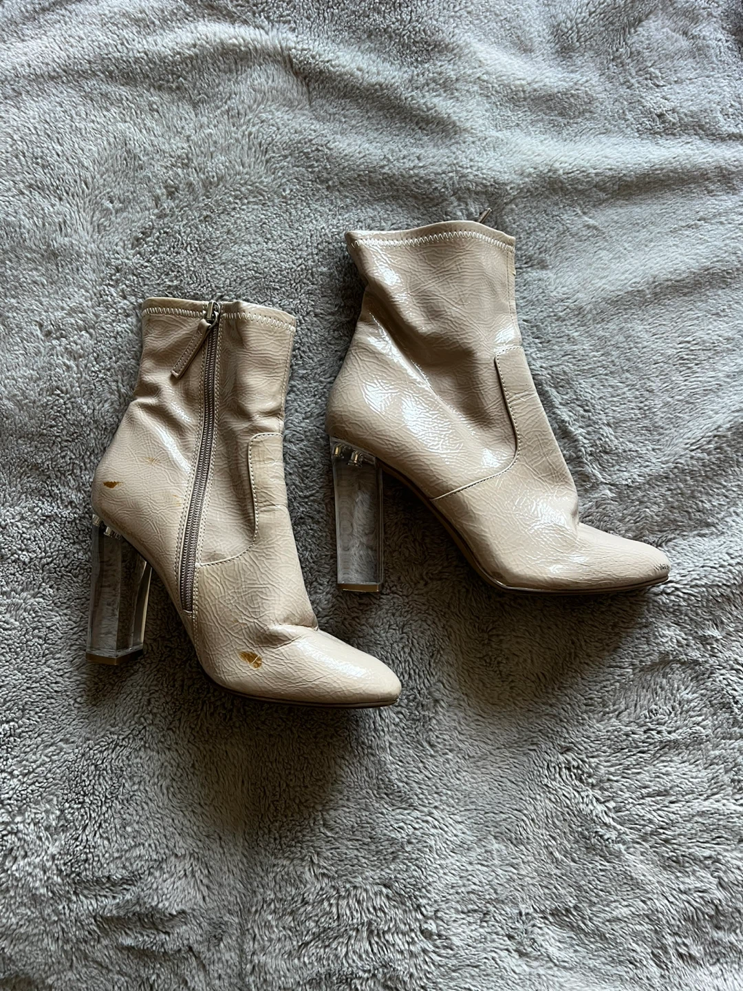Beige Patent Ankle Boots with Clear Block Heels - photo 3