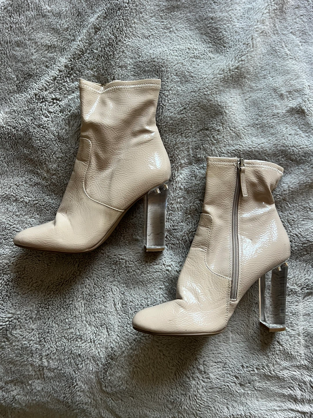 Beige Patent Ankle Boots with Clear Block Heels - photo 2