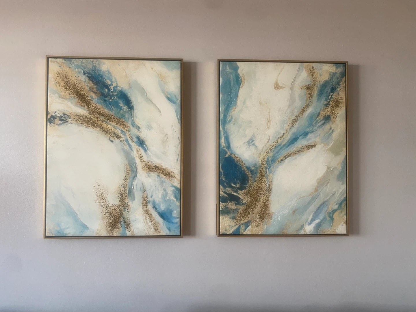 Set of 2 Abstract Blue and Gold Wall Art Canvases