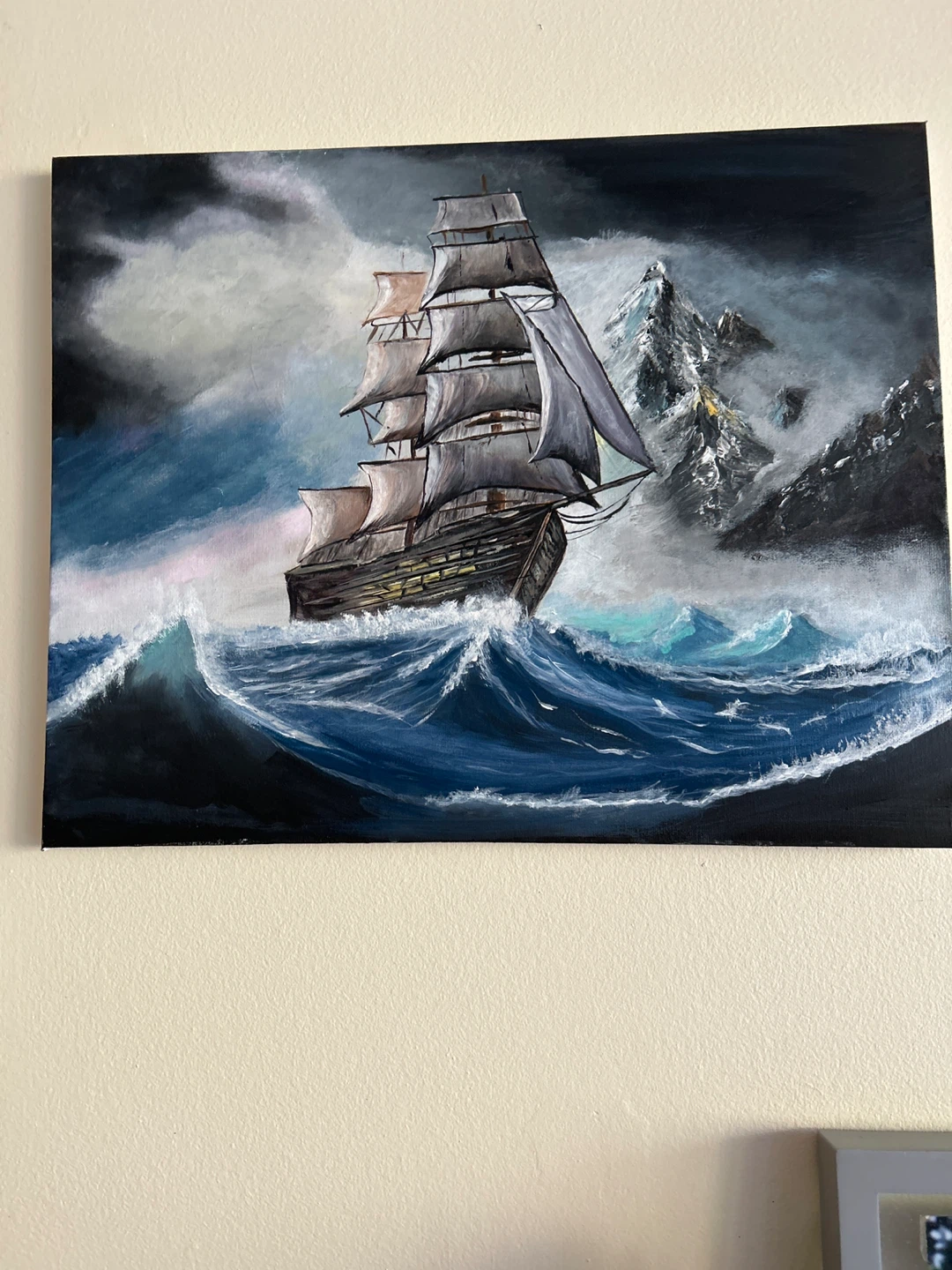 Painting of a ship in a storm